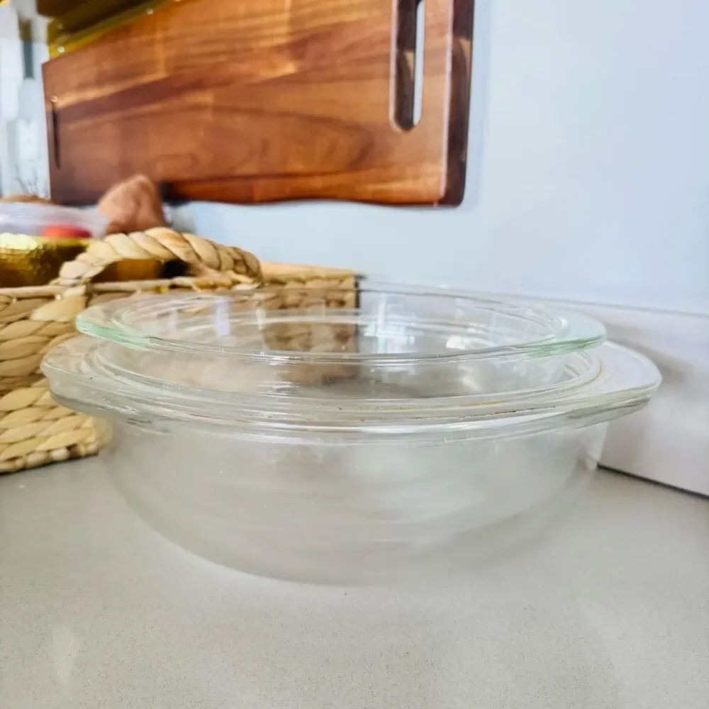 3 VINTAGE PYREX Clear Glass Casserole Mixing Bowl Baking Dish Cookware USA